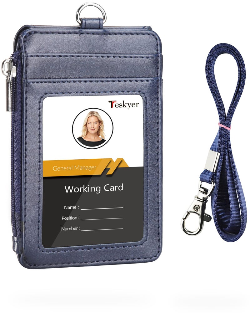 Teskyer Badge Holder with Side Zip Pocket, Multiple Card Slots Leather ID Holder Wallet with Neck Lanyard for Office Staffs, Teachers/Students, Couriers, Workers, Blue - Image 1